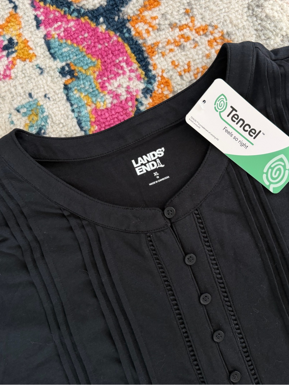 Lands' End NWT Pintuck Front Henley Button Up Black Tunic Top Shirt Cotton XL